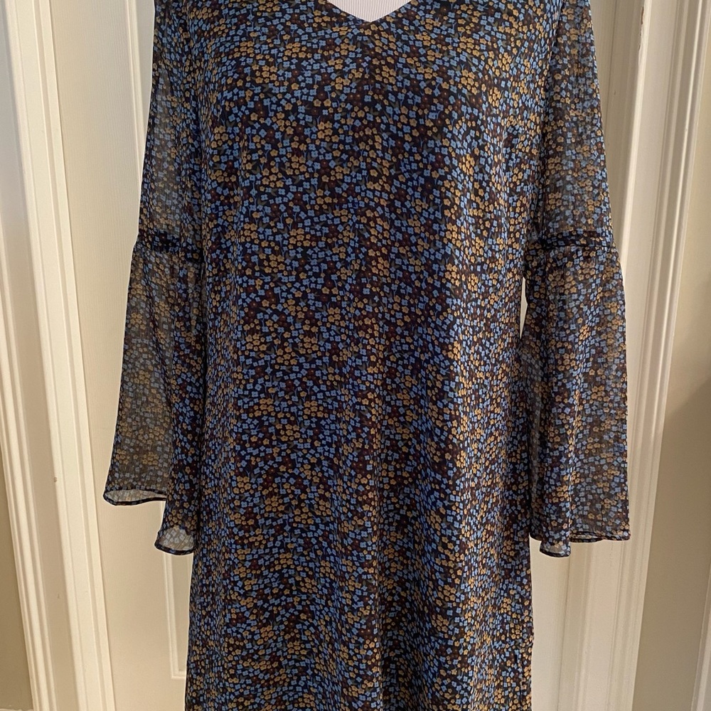 CAbi Long Sleeve Blue and Brown Dress